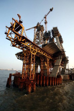 Photo for Construction site of the Bandra Worli Sea link on Arabian Sea in Western suburb of Bombay now Mumbai , Maharashtra , India - Royalty Free Image