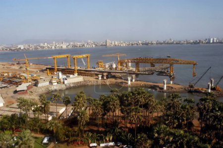 Construction site of the Bandra Worli sea link on Arabian sea , Bombay now Mumbai , Maharashtra , India
