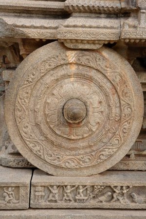 Photo for Stone chariot or ratha , left side front wheel , Vitthal temple , Hampi , Vijayanagar , UNESCO World Heritage , Deccan plateau , Taluka Hospet , District Bellary , Karnataka , India - Royalty Free Image