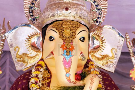 Close up of idol of lord ganesh elephant headed god richly decorated forehead ears and tusks , Pune , Maharashtra , India