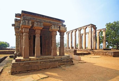 Photo for Temple no 40 Greek design south of stupa 1 dated around 7th century AD with Chaitya prayer room or assembly hall in background , Sanchi , Bhopal , Madhya Pradesh , India - Royalty Free Image
