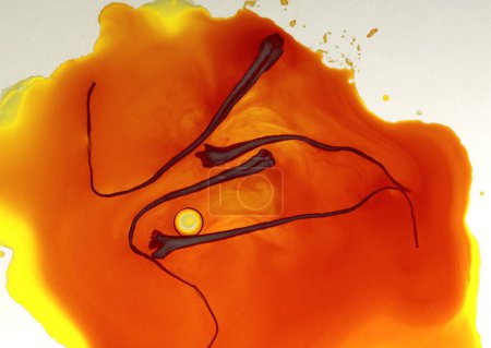 Gewürze, Safranfaden in Wasser auf orangefarbenem Hintergrund