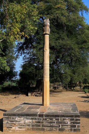 Téléchargez les photos : Baba colonne ou khamb érigé en 150 av. J.-C. par Héliodoros grec en l'honneur du dieu Vasudeva situé près de Vidisha à environ 70 km de Bhopal, Madhya Pradesh, Inde - en image libre de droit