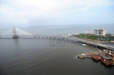 aerial view of bandra worli rajiv gandhi sea link from bandra reclamation , Bombay Mumbai , Maharashtra , India