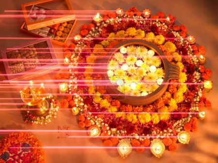 Foto de Diyas y arreglo de flores para el festival de luces Diwali - Imagen libre de derechos