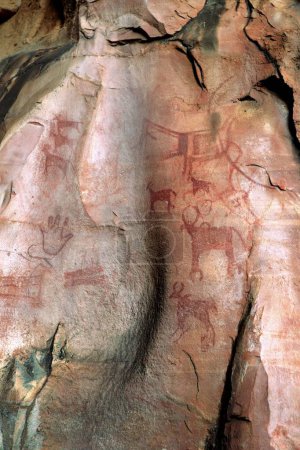 Foto de Pinturas rupestres que muestran animales y palmeras en los refugios de roca no 3 diez mil años de edad en Bhimbetka cerca de Bhopal, Madhya Pradesh, India - Imagen libre de derechos