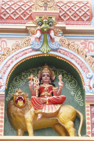 Photo for Colourful painted statue of goddess Durga mounted on lion fitted in richly decorated arch of Suchindram , 11 kilometres from Kanyakumari , Tamil Nadu , India - Royalty Free Image