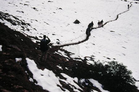 Foto de Trekkers caminando sobre nieve camino al campamento base Nanda Devi este, Uttaranchal, India - Imagen libre de derechos