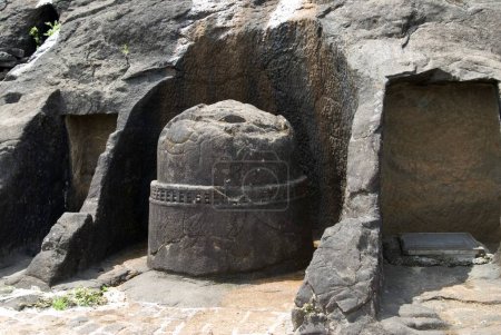 Photo for Stupa at entrance of Bedsa rock cut cave dating from around 2nd century BC , District Pune , Maharashtra , India - Royalty Free Image