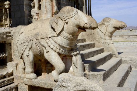 Statues of Elephant on main entrance of dolostava mandapa or musical hall , Vitthala temple complex , Hampi , Vijayanagar , Deccan plateau , Taluka Hospet , District Bellary , Karnataka , India