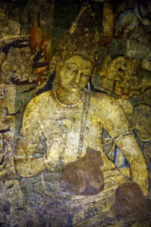 Téléchargez les photos : Bodhisattva Padmpani avec Lotus à la main, Fresques dans les grottes Ajanta, Aurangabad, Maharashtra, Inde - en image libre de droit