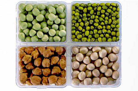 Photo for Pulses green peas green gram black chickpeas and white peas in square dish , India - Royalty Free Image