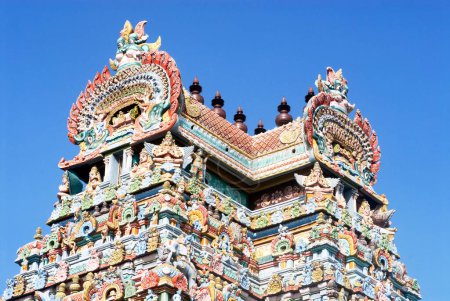 Photo for Gopuram richly decorated stucco figures on impressive gateway of Sri Ranganathswami temple , Srirangam , Tiruchirapalli Trichy ,Tamil Nadu , India - Royalty Free Image