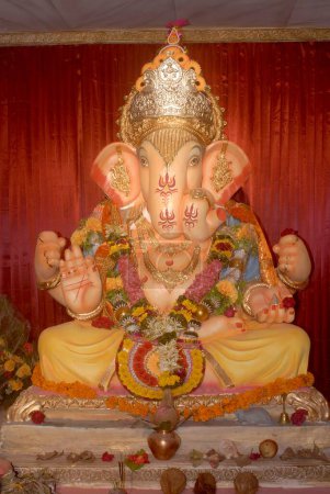 Idol of Lord Ganesh , Elephant Headed God of Hindu Worshiping for Ganapati , Festival at Sion Transit Camp , Bombay Mumbai , Maharashtra , India , Asia