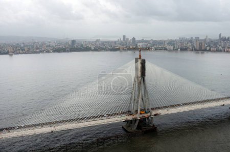 aerial view of bandra worli rajiv gandhi sea link with skyline , Bombay Mumbai , Maharashtra , India