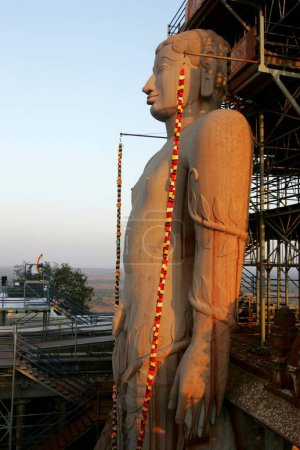 Statue de dix-huit mètres de haut du saint bhagwan gomateshwara bahubali lors du festival mahamasthakabhisheka Jain, Shravanabelagola au Karnataka, Inde Février _ 2006