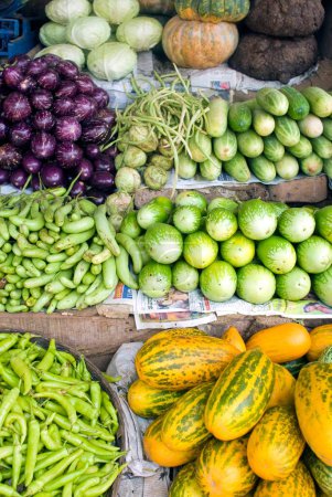 Légumes frais à vendre chou concombre chillies brinjal, Sullia, Mangalore, Karnataka, Inde
