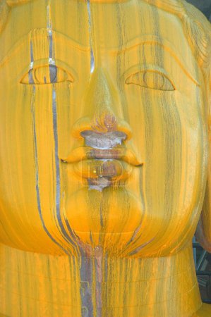 Kurkuma-Wasser bedeckt Gesicht von 57 Fuß hohen Statue des Lords Bahubali bekannt als Gomateshvara in Mahamasthakabisheka Feier, Sravanabelagola im Hassan Bezirk von Karnataka, Indien