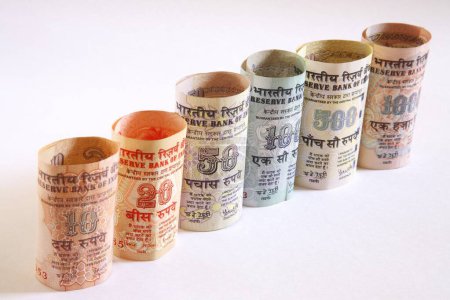 Concept , growth Indian currency ten twenty fifty rupees with one five hundred and one thousand in row