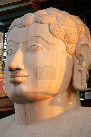 Foto de Estatua de dieciocho metros de altura del santo bhagwan gomateshwara bahubali durante el festival mahamasthakabhisheka Jain, Shravanabelagola en Karnataka, India Febrero _ 2006 - Imagen libre de derechos