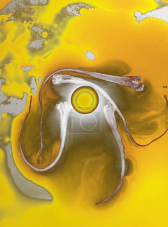 Foto de Especias, hilo de azafrán en agua sobre fondo colorido - Imagen libre de derechos