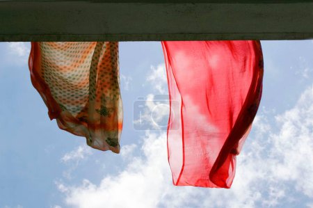 Damas tradicionales indias usan saris volando en el aire contra nubes blancas y cielos azules