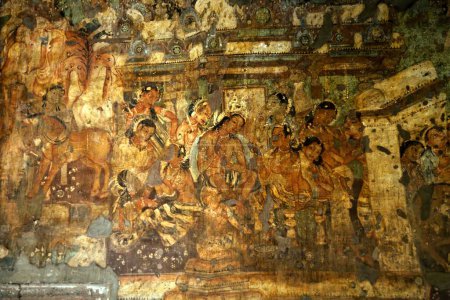 Téléchargez les photos : Peinture murale dans la grotte Ajanta, Aurangabad, Maharashtra, Inde - en image libre de droit