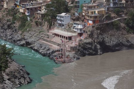 Confluence of Alakananda and Bhagirathi rivers in Pauri Garhwal Uttarakhand India Asia