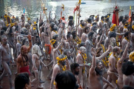 Téléchargez les photos : Naga sadhu va prendre trempette sainte, kumbh mela, madhya pradesh, Inde, Asie - en image libre de droit