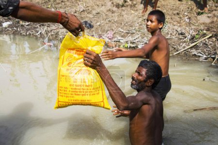 Photo for Supply of food package ; Kosi river flood in year 2008 which mostly made suffered below poverty line people in Purniya district ; Bihar ; India NO MR - Royalty Free Image