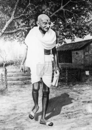 Foto de Una pintura de Mahatma Gandhi, mostrándole caminando por el Ashram Sevagram, 1945, India - Imagen libre de derechos