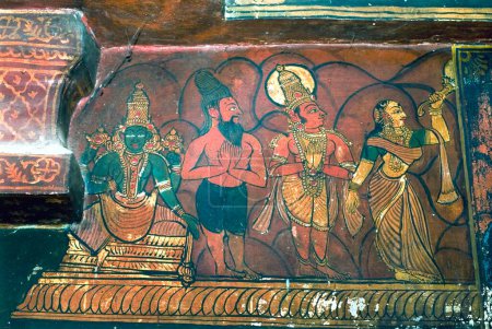Foto de Murales del siglo XVII en la pared en Varadaraja Perumal templo Vishnu en Kanchipuram; Tamil Nadu; India - Imagen libre de derechos