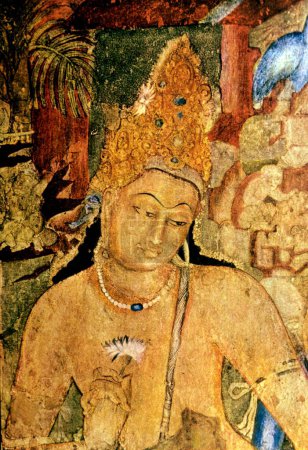 Foto de Bodhisatva con Lotus en la pintura de la cueva de la mano; Cueva de Ajanta; Aurangabad; Maharashtra; India - Imagen libre de derechos