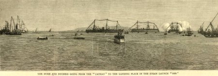 Lithographien Herzog und Herzogin auf dem Weg von Cathay zum Landeplatz in Dampfboot BEE Grafik 22. Dezember 1883; Indien