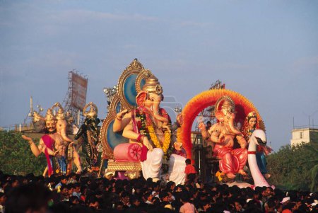 Photo for Ganesh ganpati Festival ; Procession of huge idol s of Elephant headed God ; girgaon ; Mumbai Bombay ; Maharashtra ; India - Royalty Free Image