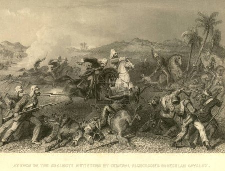 Foto de Ataque de amotinamiento militar y de inmunidad contra los amotinados de Sealkote por el general Nicholsons Irregular Cavalry, India - Imagen libre de derechos