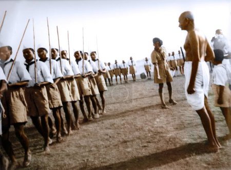 Photo for Mahatma Gandhi watching rally of volunteers, Segaon, Madhya Pradesh, India, Asia, December 22, 1938 - Royalty Free Image