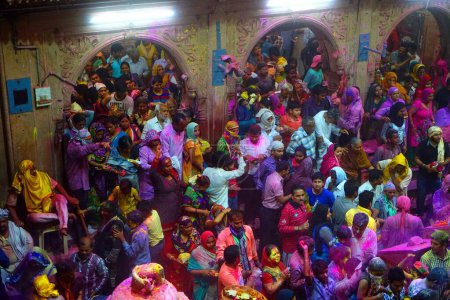 Photo for People celebrating Holi festival of Banke Bihari Temple, Uttar Pradesh, India, Asia - Royalty Free Image