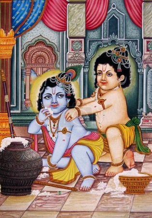 Téléchargez les photos : Bal Krishna avec Balram peinture miniature sur papier - en image libre de droit