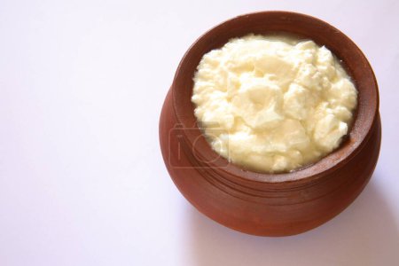 Curd in earthen pot on white background