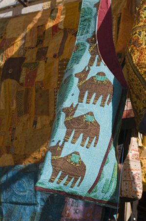 embroidered cloth hanging for sale Gadisar Lake Jaisalmer Rajasthan India Asia