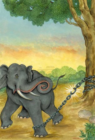 Foto de Artista Manivelu, creencia hindú, hindú, hinduismo, arte, arte de la academia himalaya, elefante, fuerza, elefante encadenado, romper la cadena, romper la cadena, la libertad, encadenado a un árbol, eslabón roto, moksha, liberación - Imagen libre de derechos