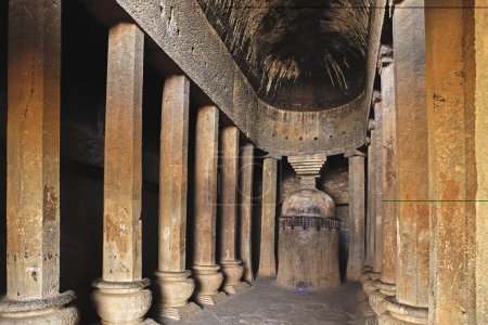 Pillars and stupa in cave temple hinyana pandav caves first century BC to second century AD ; Satavahana ; Nasik ; Maharashtra ; India