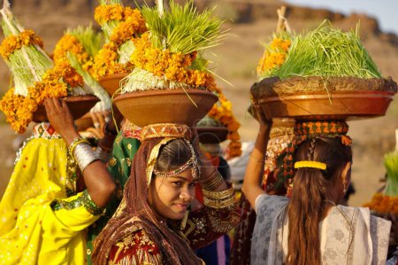 Photo for Rajasthani tribes performing Navaratri final day immersion, Rajkot, Gujarat, India - Royalty Free Image