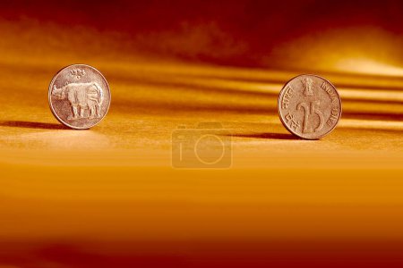 Foto de Doble par de moneda india veinticinco paise moneda frontal y trasera manera en relieve rinoceronte sobre fondo naranja - Imagen libre de derechos