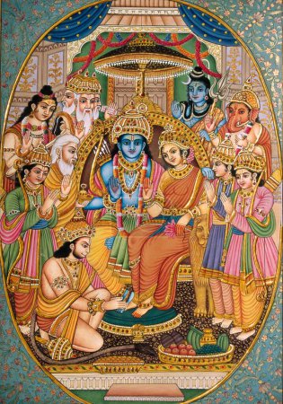 Foto de Ram-Darbar con otros dioses Pintura en miniatura sobre papel - Imagen libre de derechos