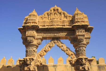 Photo for Beautifully carved top of gate at entrance of Jain temple  at Lodurva ; Jaisalmer ; Rajasthan ; India - Royalty Free Image