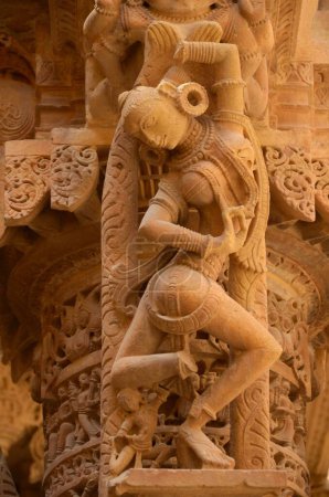 woman dancing sculpture on Jain temple, jaisalmer, Rajasthan, India, Asia