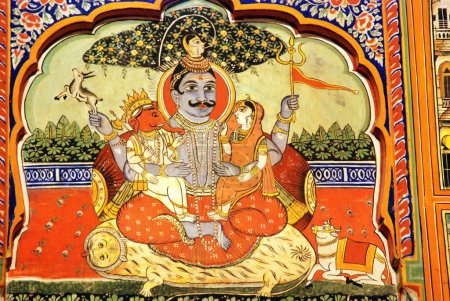 Shiva ; Parvati Wall frescoed paintings in Poddar Haveli Museum  ; Nawlgarh ; Rajasthan  ; India