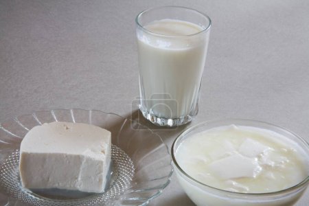 Full glass of milk curd yogurt dahi and cottage cheese paneer made from milk dairy product , India